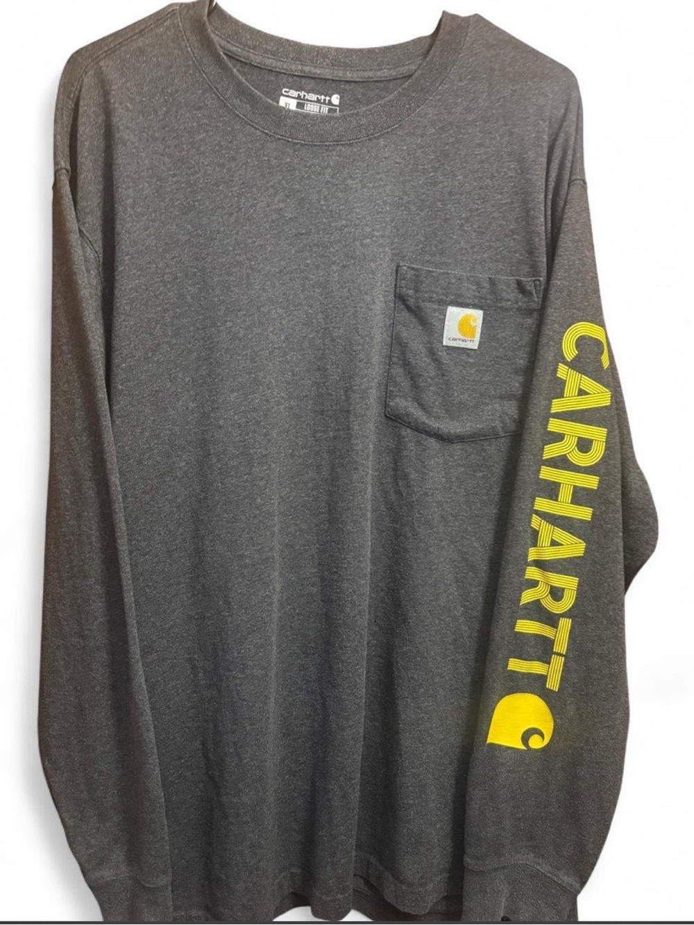 Carhartt Charcoal Long-Sleeve Pocket Tee with Yellow Sleeve Logo XL